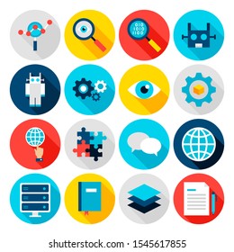 Deep Learning Flat Icons. Vector Illustration. Set of Circle Computer Items with Long Shadow.