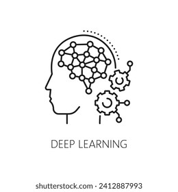 Deep learning icon for AI artificial intelligence and machine learning, line vector. AI mind and artificial neural network for supervised or unsupervised learning, AutoMl algorithms and data analysis