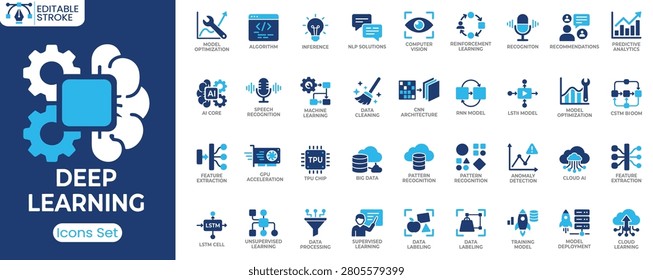 Deep learning icon set. Containing machine learning, neural network, computer vision, speech recognition, reinforcement learning, predictive analytics, model deployment, data labeling and more. Solid vector icons collection