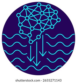 Ícone Aprendizado profundo. Pictograma vetorial com linhas finas sobre um fundo circular azul escuro, mostrando uma rede neural e fluxo de dados em camadas