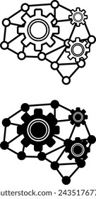 Iconos de aprendizaje profundo. Iconos vectoriales en blanco y negro de redes neuronales en forma de cerebro humano y engranaje. Inteligencia artificial. Concepto de Tecnología e Innovación
