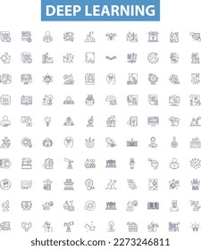 Deep learning line icons, signs set. Deep learning, Neural networks, Machine learning, Backpropagation, CNN, NLP, AI, Reinforcement learning, Automation outline vector illustrations.