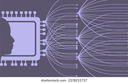 Deep learning, Machine learning and big data concept. Human head silhouette with cpu