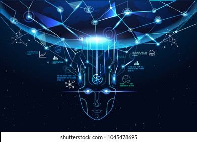 Deep learning network concept. illustration showing AI, Artificial Intelligence connect the brain to big data network in the world, deep learning, robot face.
