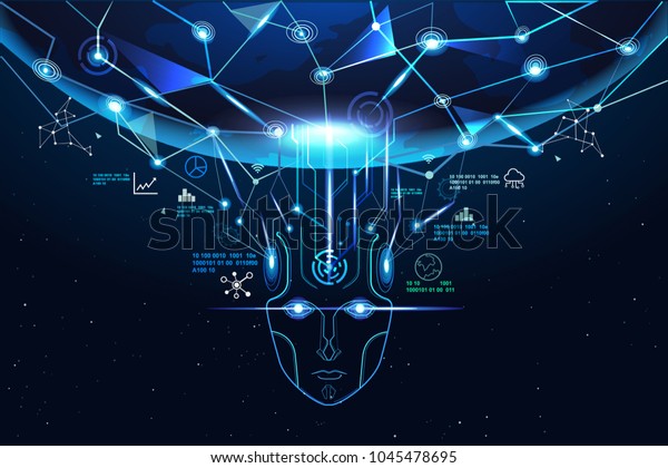 機械学習ネットワークのコンセプト Aiを示すイラスト 人工知能は 脳を世界のビッグデータネットワークに接続し 深い学習 ロボットの顔を描く のベクター画像素材 ロイヤリティフリー