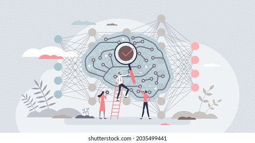 Deep Learning Neural Network Connection Research For AI Tiny Person Concept. Artificial Intelligence Or Machine Knowledge Automation Progress Analysis Vector Illustration. Collect Brain Algorithm Data