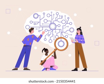 Deep learning neural network connection research for AI. Men and women analyze progress of artificial intelligence. Algorithms for processing data in brain. Cartoon modern flat vector illustration