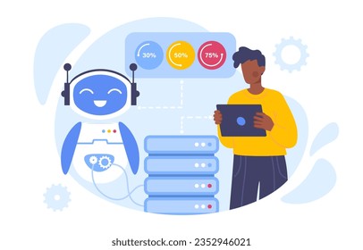 Deep learning robot concept. Man with tablet for bot control. Machine learning and artificial intelligence. Modern technologies and innovations, production automation. Cartoon flat vector illustration