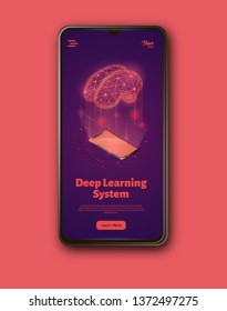 Deep learning system landing web page template. Bran and smartphone concept. Machine learning structure. Artificial intelligence isometric vector illustration.