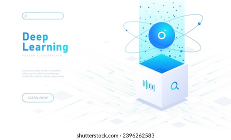 Deep learning white poster. Machine learning and artificial intellengence. AI bot and cyberspace. Landing page design. Cartoon isometric vector illustration isolated on white background