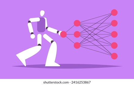 Deep machine learning with Ai Robot. Artificial neural network training. Flat vector illustration.