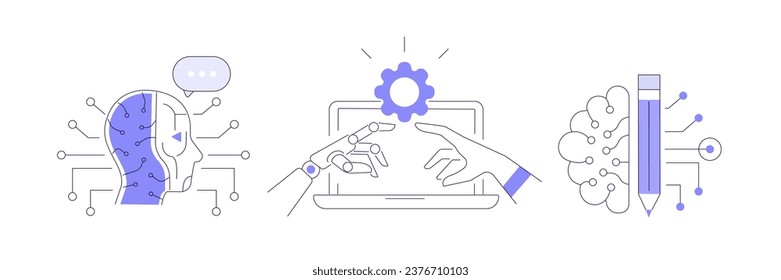 
Deep machine learning algorithm concept graphic. Robot head, brain with connected neural network nodes, human machine interaction. Computer science metaphor. Vector illustration set