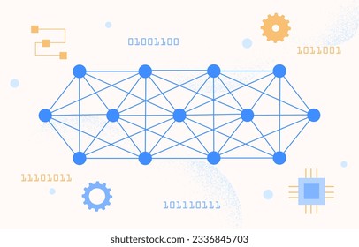 Concepto profundo de aprendizaje automático. Tecnologías modernas y mundo digital. Metaverse y ciberespacio. Inteligencia artificial, tecnologías e innovaciones modernas. Dibujo vectorial plano de dibujos animados