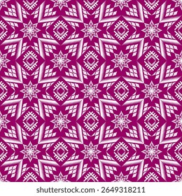 Deep magenta fabric pattern with intricate star and geometric motifs, suitable for use as a background or print for clothing and decor that demands a striking appearance.