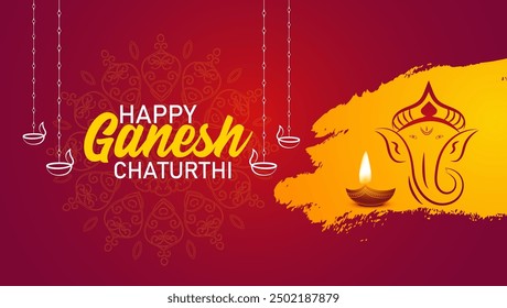  A deep maroon background with the text Happy Ganesh Chaturthi in white surrounded by a maroon mandala pattern A yellow brushstroke highlights a depiction of Lord Ganesha while hanging oil lamps 