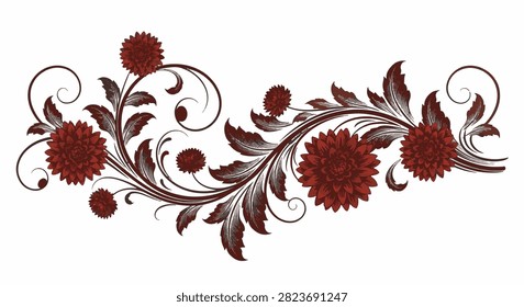 Deep maroon floral scrollwork with burgundy dahlias and decorative filigree curls. Intricate vintage botanical vector design isolated on a white background for invitations and decor.