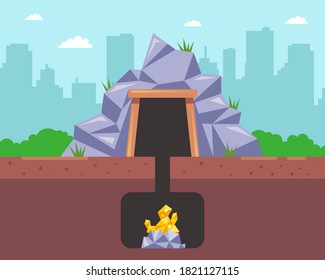 mina profunda para la minería de oro. extracción de recursos naturales valiosos. ilustración vectorial plana.