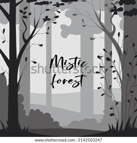 Deep misterious forest silhouette, layers. Trees, bushes and grass. Frame for a caption.