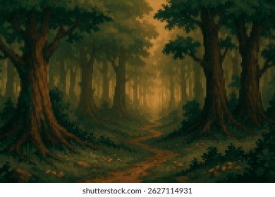 A deep and mysterious forest pathway illuminated by golden morning light filtering through the trees.
