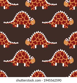 Deep natural colors dinosaur seamless pattern vector. Friendly cartoon textured stegosauruses by white, orange, red colors on brown background. Perfect for kids appear, outerwears, bags and more