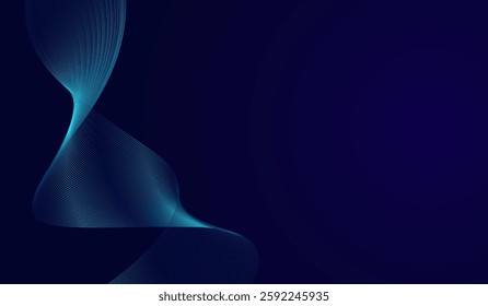 The deep navy backdrop, evoking a modern and technological aesthetic, Abstract glowing wave lines on dark blue background design