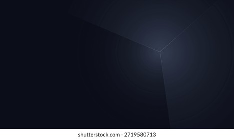 A deep navy blue abstract backdrop features sharp geometric planes illuminated by subtle, thin lines of light that define the edges and corners of angular shapes, creating a sophisticated and