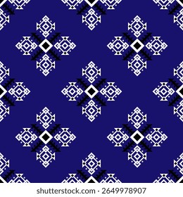 Deep navy blue background with crisp white traditional diamond shapes. Reflects Southeast Asian weaving aesthetics, ideal for fashion or digital design.