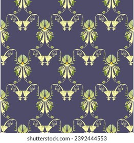 Deep Navy Blue background with repeated green flower and abstract design for fabric and etc