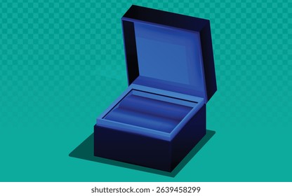 Deep navy jewelry box with plush blue interior lining, perfect for ring displays, luxury packaging, or high-end accessory mockups. Realistic 3D vector with open lid.