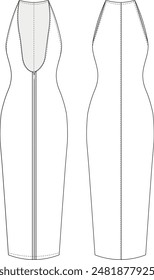 Deep neckline zippered midi maxi long bodycon strap dress template technical drawing flat sketch cad mockup fashion woman design style model
