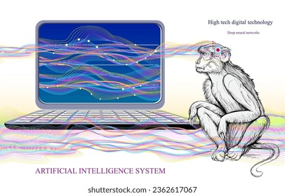 Deep neural networks. Microchip implantation in monkey brain. Artificial Intelligence System. High tech digital technology. Print for scientific research in biology, physics and nanotechnologies.