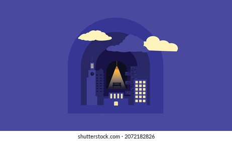 deep night city life with building and tower