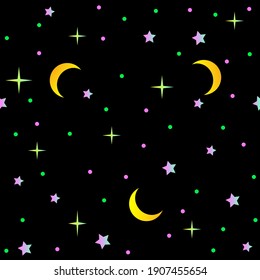 Deep night sky with moon and glowing stars. Seamless vector illustration for decoration or textile print.