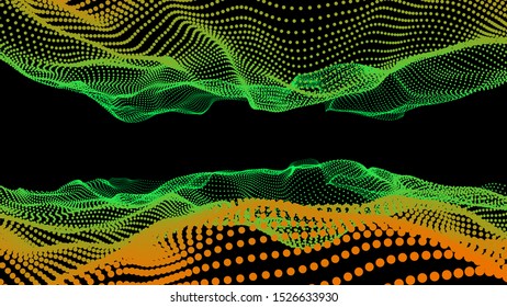 Deep ocean data effect. Sea dots illustration. 3d Marine Concept. Water waves energy. Music futuristic structure. Connection on the black background. Colorful vector backdrop.