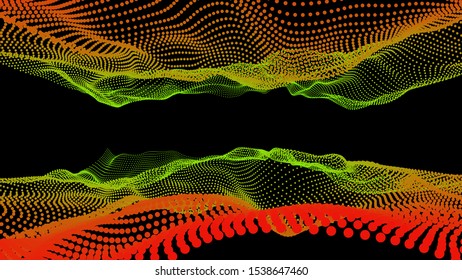 Deep ocean data effect. Sea dots illustration. 3d Marine Concept. Water waves energy. Music futuristic structure. Connection on the black background. Colorful vector backdrop.