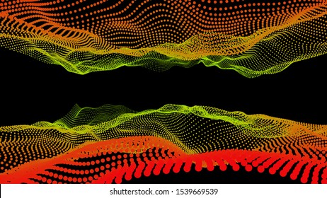 Deep ocean data effect. Sea dots illustration. 3d Marine Concept. Water waves energy. Music futuristic structure. Connection on the black background. Colorful vector backdrop.
