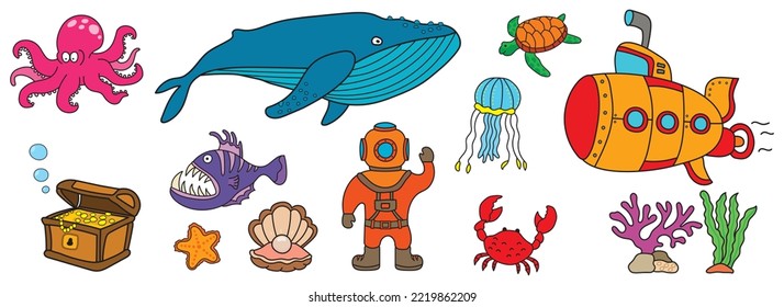 Deep ocean diver with set of marine things and sea animals and are isolated on white background. The wonderful life underwater deep sea creatures. Flat cartoon vector illustration