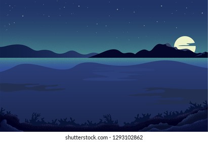 Deep ocean and full moon on dark sky with night view,vector illustration.