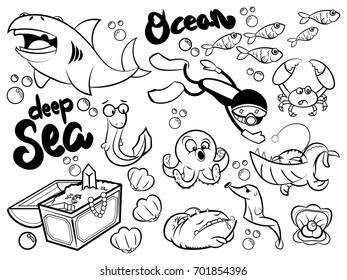 Deep Ocean life coloring book and pattern cartoon vector