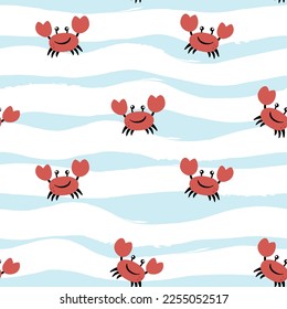 Deep Ocean or sea with crab and wave. Vector seamless pattern