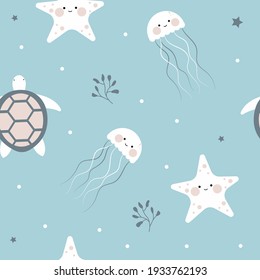 In the deep ocean seamless pattern with cute starfish, jellyfish, and turtle