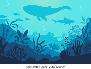 Deep ocean seascape. Ocean landscape with sea sandy bottom, whale, fish, corals and algae. Marine life or underwater ecosystem with flora and fauna. World oceans day. Cartoon flat vector illustration