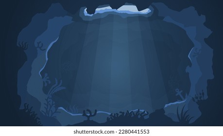 Deep ocean seascape. Underwater cave with rays of the sun. Seabed bottom with seaweed and plants. Blue marine scenery. Aquatic ecosystem banner. Seascape template web background. Vector illustration