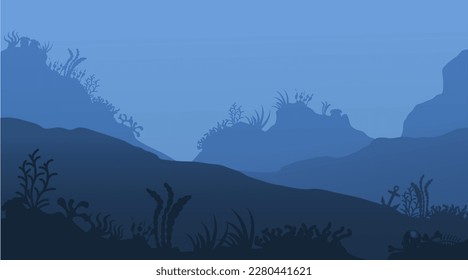 Deep ocean seascape. Underwater seabed. Undersea bottom with growing seaweed and water plants. Blue marine scenery. Aquatic ecosystem banner. Seascape template for web background. Vector illustration