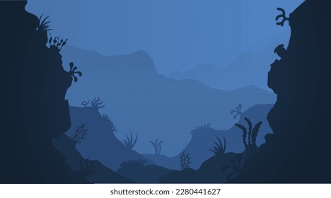 Deep ocean seascape. Underwater seabed. Undersea bottom with growing seaweed and water plants. Blue marine scenery. Aquatic ecosystem banner. Seascape template for web background. Vector illustration