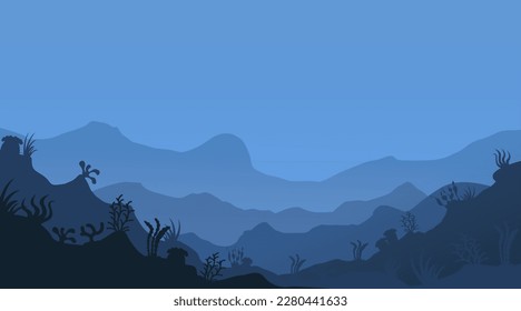 Deep ocean seascape. Underwater seabed. Undersea bottom with growing seaweed and water plants. Blue marine scenery. Aquatic ecosystem banner. Seascape template for web background. Vector illustration