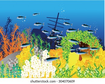 Deep ocean. Shipwreck, conspicuous plants, and fish. Vector Illustration
