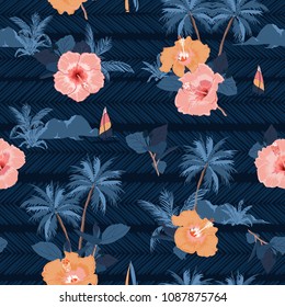 Deep ocean summer night in Hawaii print vector seamless beautiful  Bright summer tropical pattern with exotic forest. floral hibiscus mix with leaves  background , on texture navy blue.