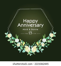 Deep off-white rose with green leaves anniversary card with polygon frame