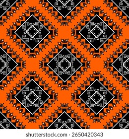 Deep orange and black Thai Mon pattern with sharp geometric motifs and a seamless layout. Ideal for textile design, wrapping paper, or bold cultural branding projects.